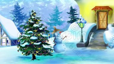 与雪人和圣诞树一起度过美好的圣诞节